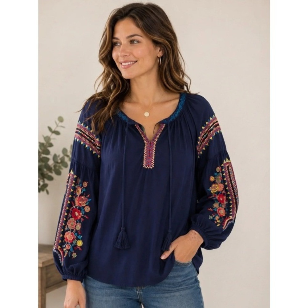 Solitaire Embroidered Boho Peasant Blouse Navy Blue Floral 17-2845 Womens Large